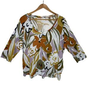 Rachel Zoe 100% Linen Plus Size 1X Floral 3/4 sleeve Scoop Neck Shirt Top‎
